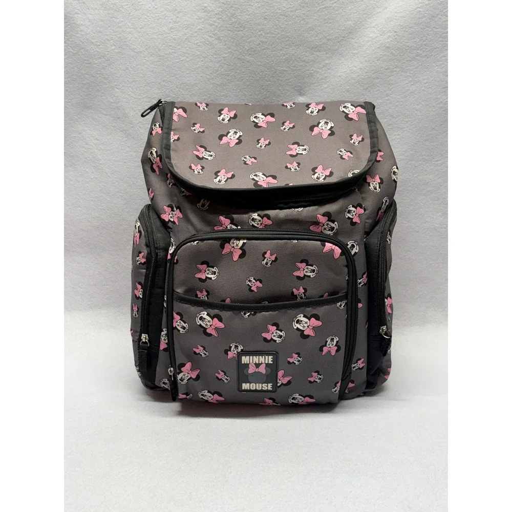 Disney Minnie Mouse Diaper Bag Backpack Gray Pink Bow Insulated Pocket Padded